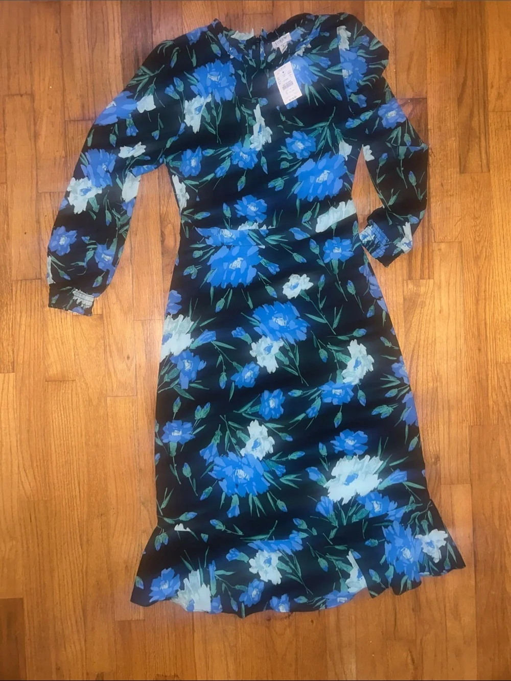 J. Crew Black Floral Long-Sleeve Midi Dress with Blue and Teal Blooms